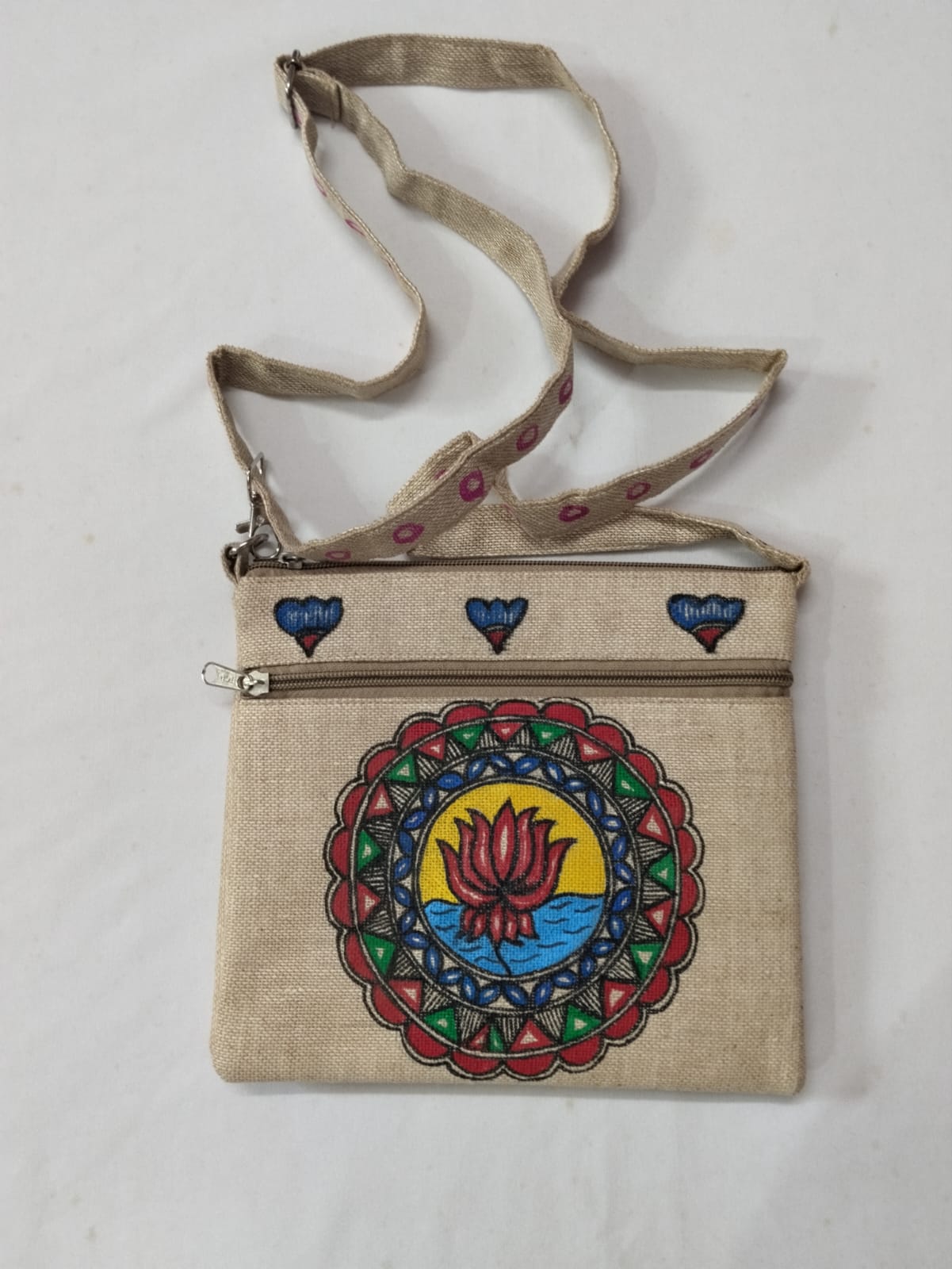 Hand-Painted Jute Sling Bag – Minimal Floral Motif